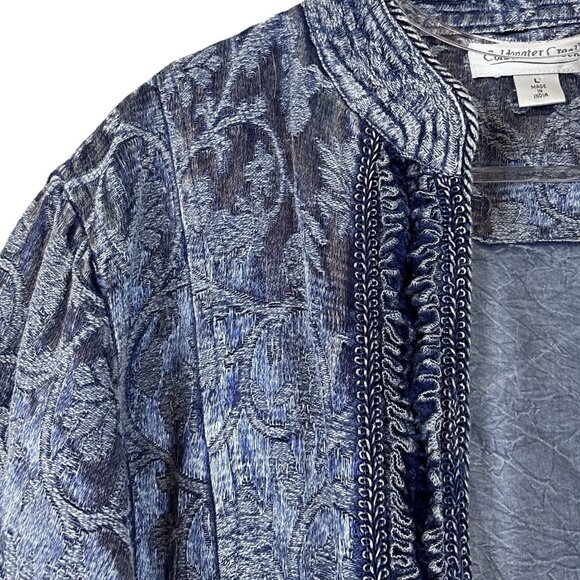 Coldwater Creek Distressed Satiny Velvet Brocade Open Front Jacket Blue Size L - Picture 4 of 9